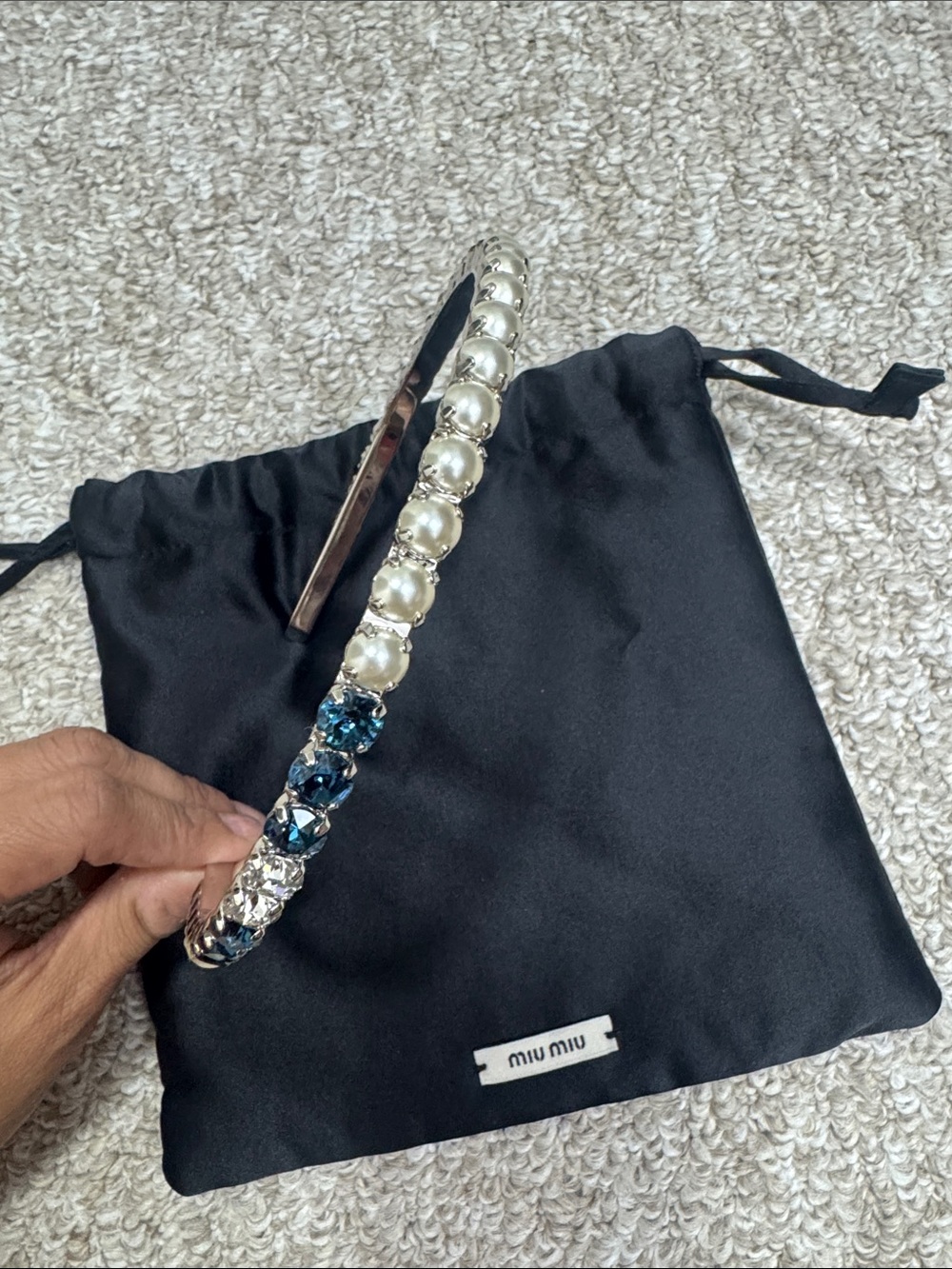 Miu Miu Pearl and Navy Crystal Embellished Headband，limited Edition